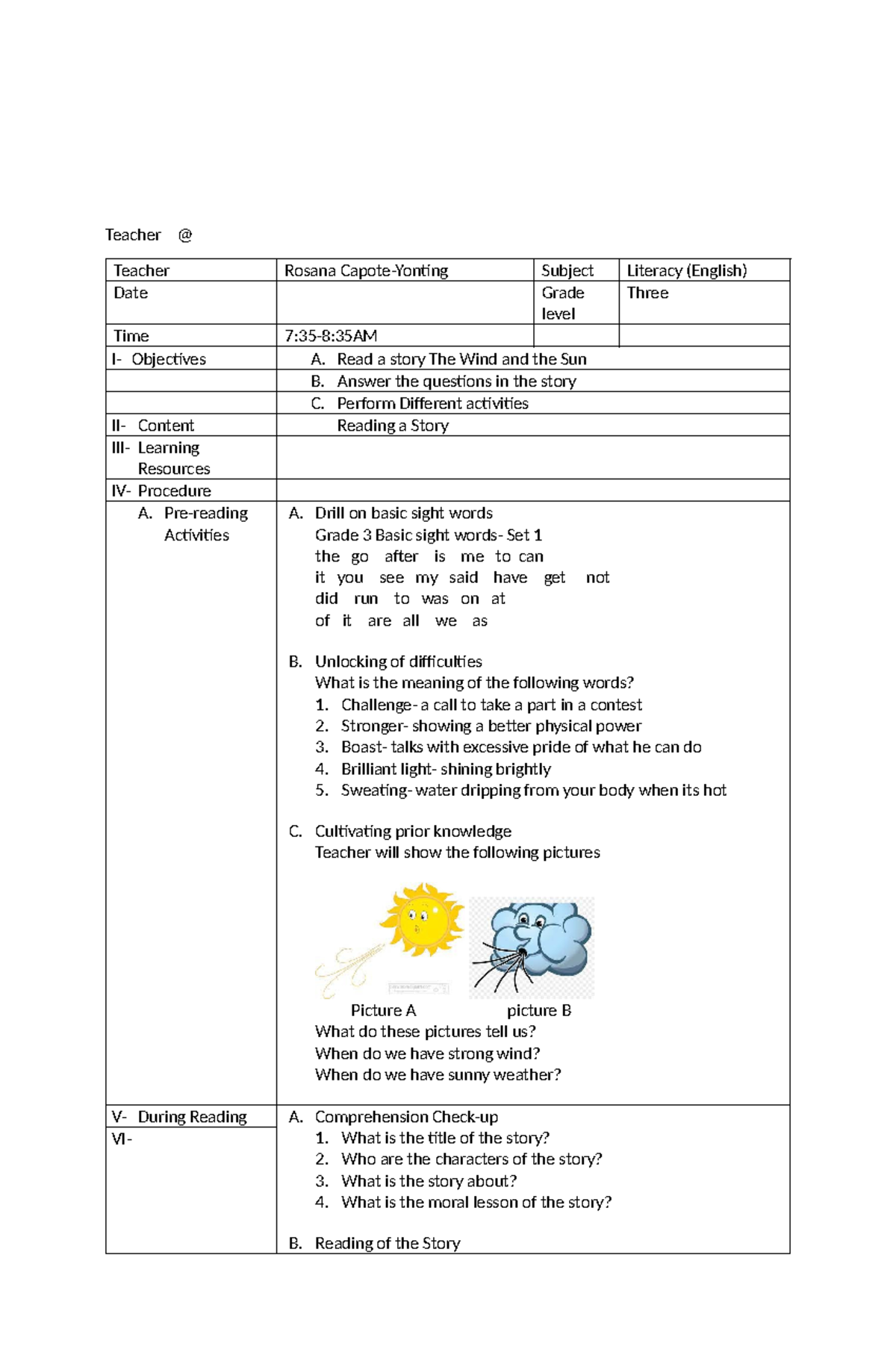 Lesson Plan in Reading - Teacher @ Teacher Rosana Capote-Yonting ...