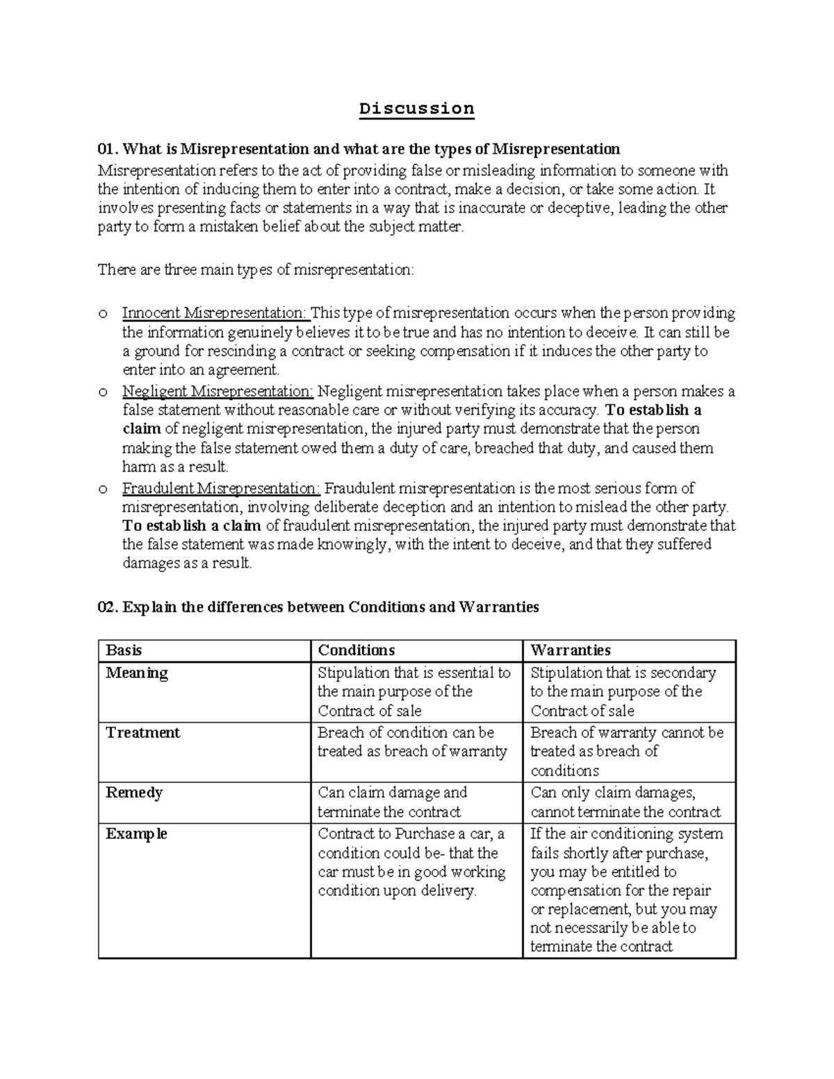 Discussion 5- Contract Law - Discussion What is Misrepresentation and ...