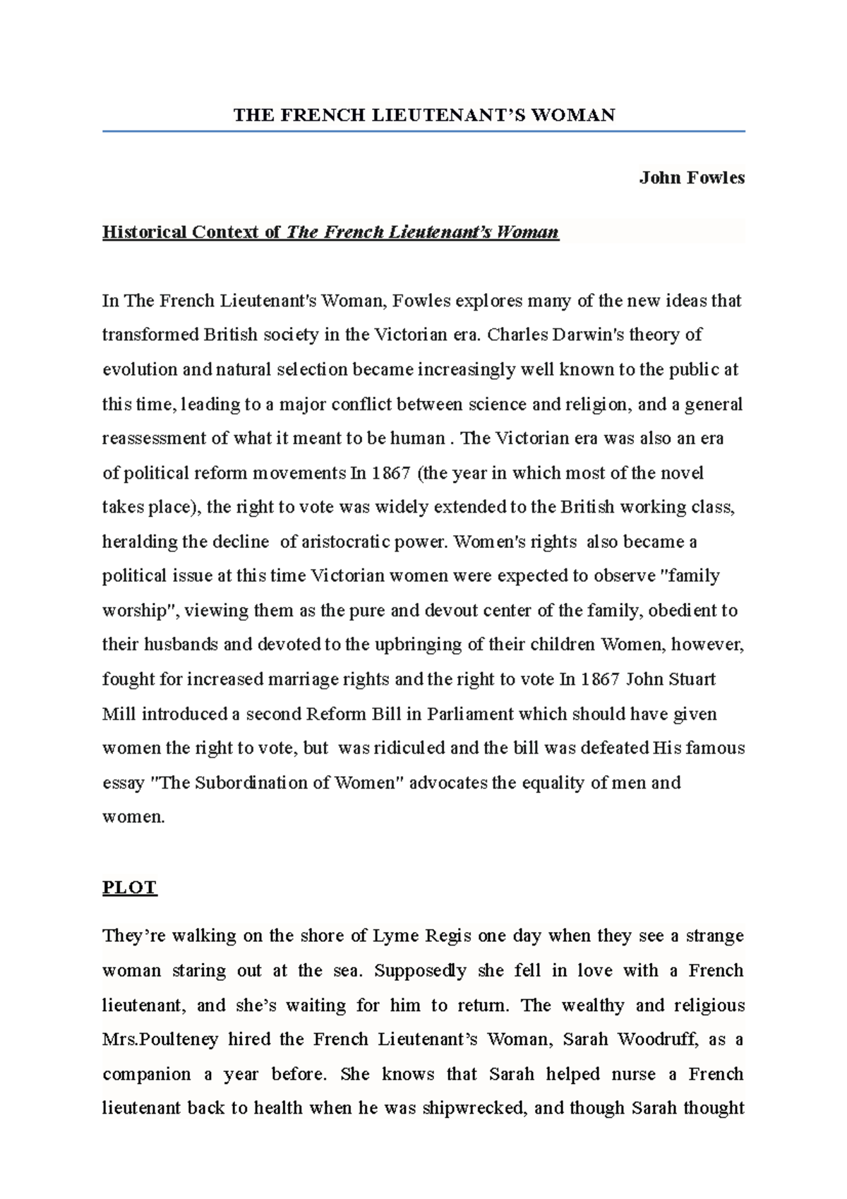 The French Lieutenant short notes THE FRENCH LIEUTENANT’S WOMAN