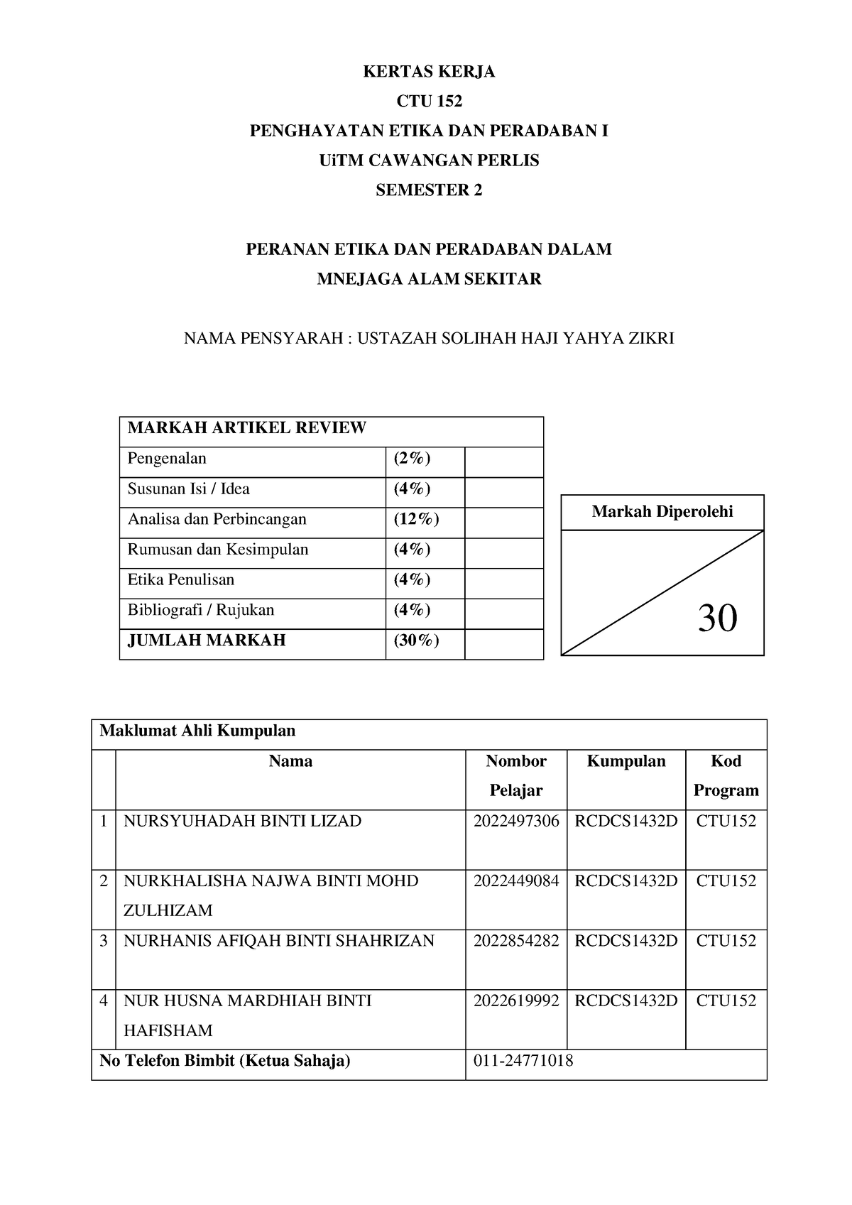 Kertas Kerja CTU152 - KERTAS KERJA CTU 152 PENGHAYATAN ETIKA DAN ...