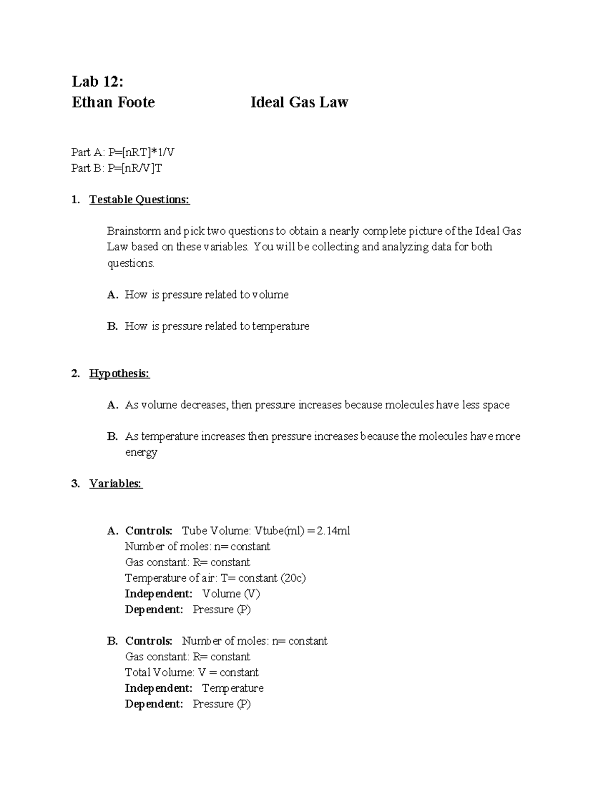 PHY111L Lab 12: Exploring the Ideal Gas Law through Experiments - Lab ...