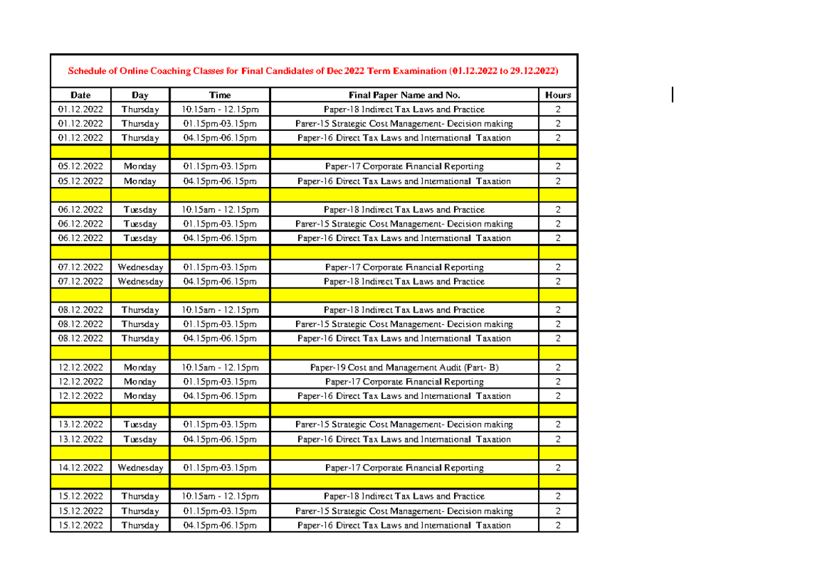 OCC Dec 22 Final Schedule For Online Coaching Classes By ICMAI Date 