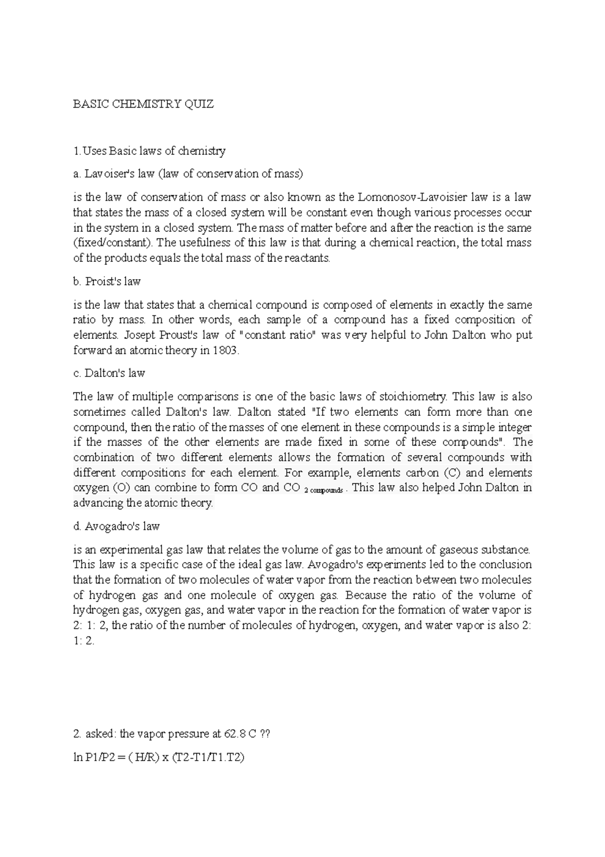 Uses Basic Laws Of Chemistry - Basic Chemistry Quiz 1 Basic Laws Of 