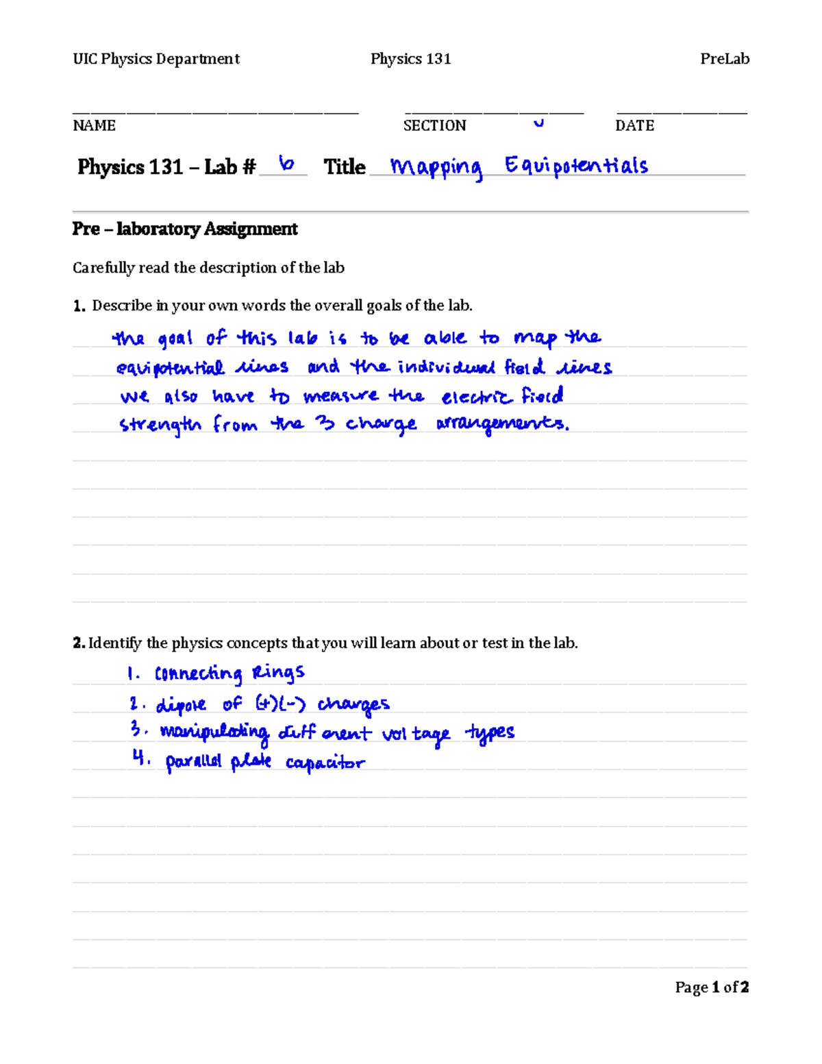 Lab 6- Mapping Equipotentials - UIC Physics Department Physics 131 ...