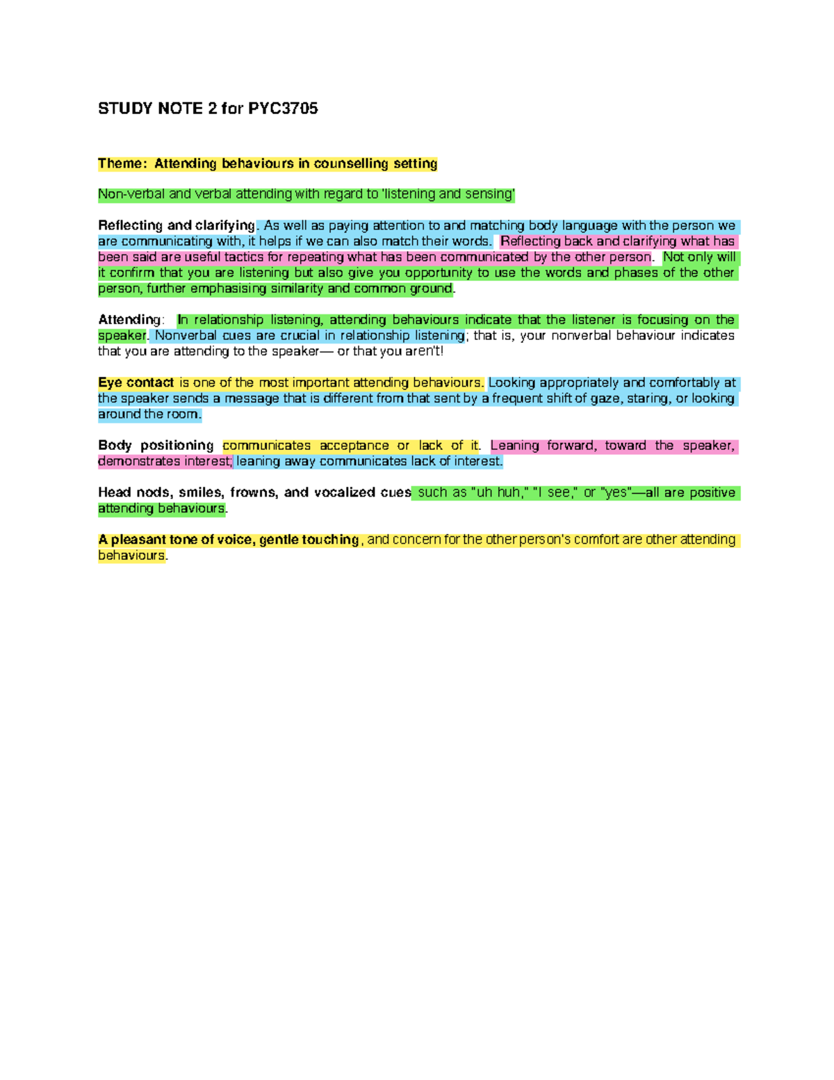 Study NOTE 2 Theme - Attending behaviours in counselling setting ...