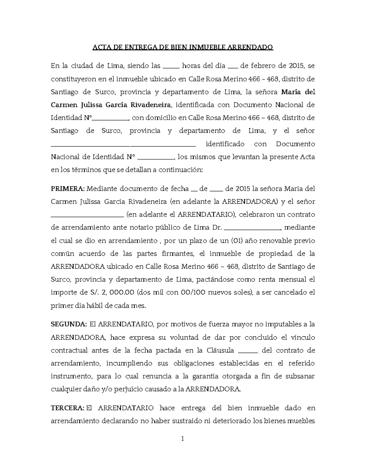 Acta de entrega - formato de entraega de vehiculos incautados - ACTA DE  ENTREGA DE BIEN INMUEBLE - Studocu