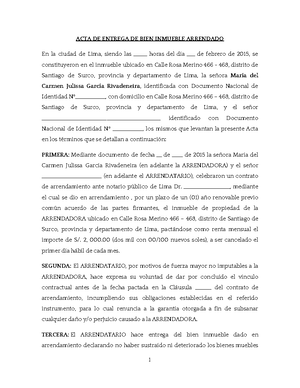 Acta de entrega - formato de entraega de vehiculos incautados - ACTA DE  ENTREGA DE BIEN INMUEBLE - Studocu