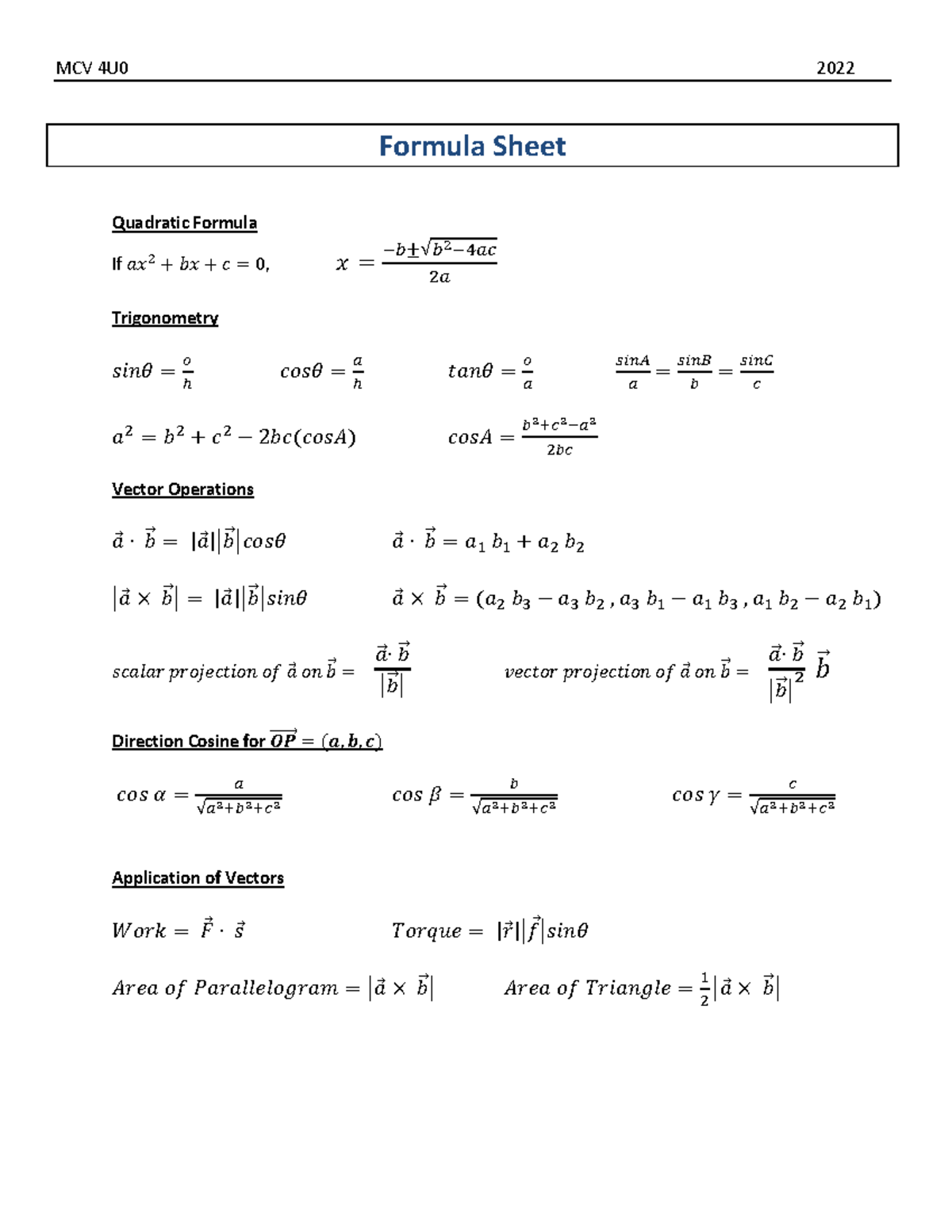 Formula Sheet 2022 - Formula Sheet Quadratic Formula If ÿý 2 + Āý + ā ...