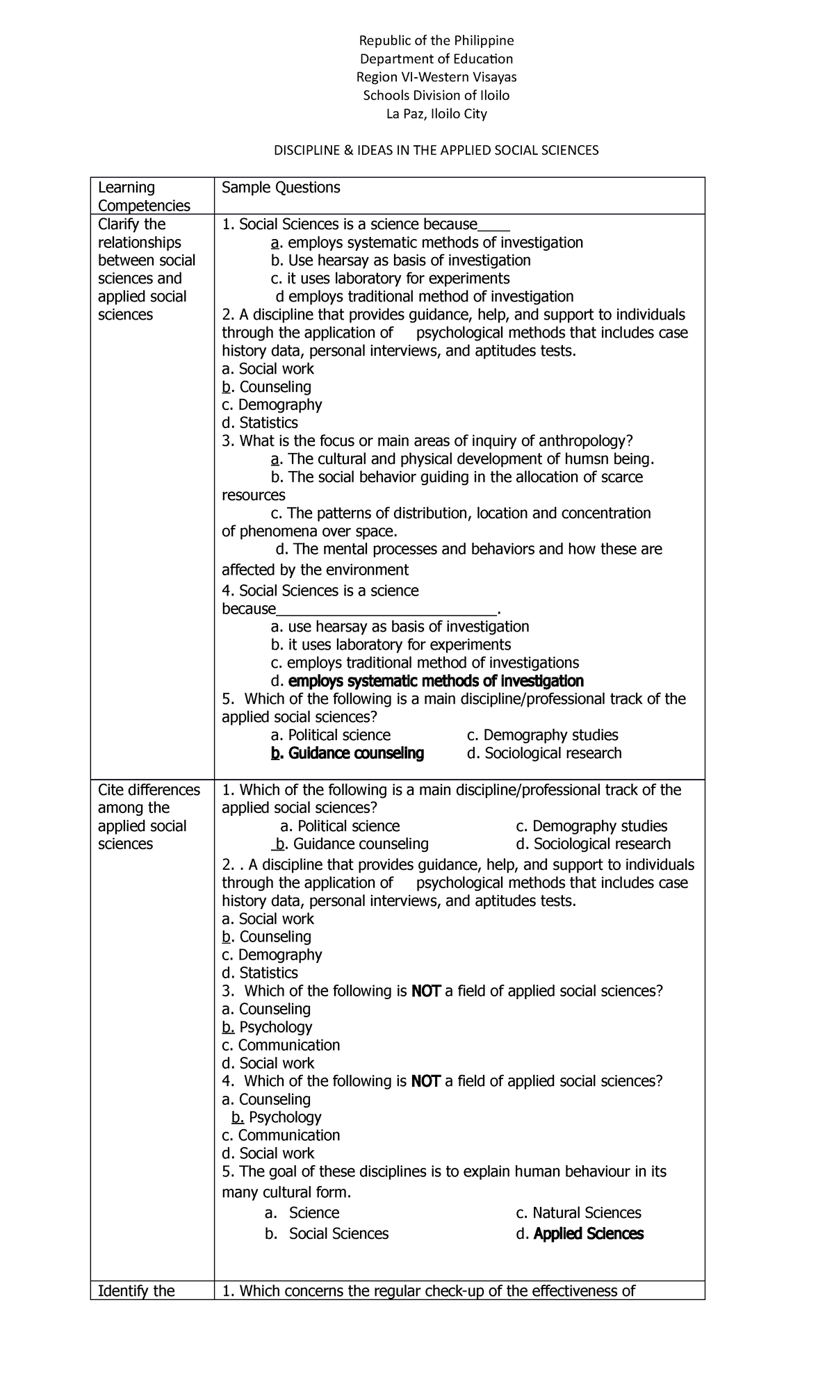 Test question per competency - Republic of the Philippine Department of ...