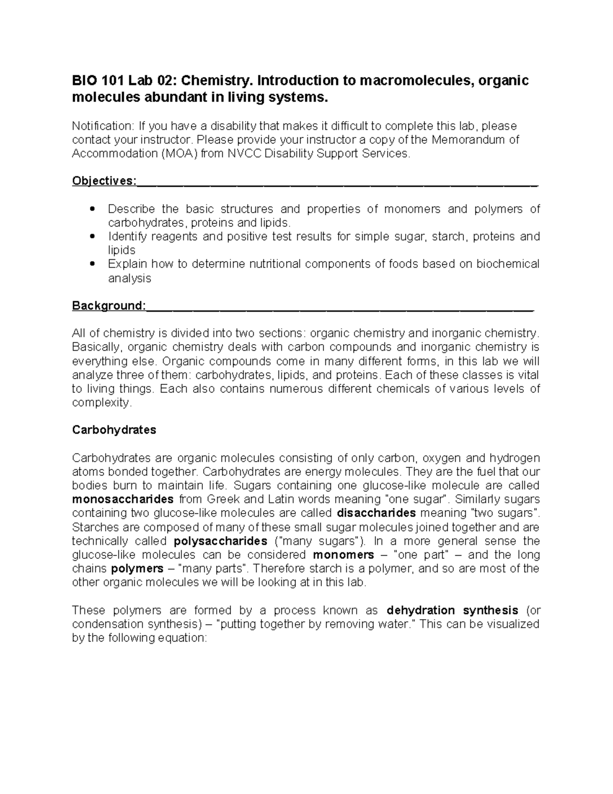 BIO 101 Lab 02, Macromolecules Intro and Pre Lab - BIO 101 Lab 02 ...