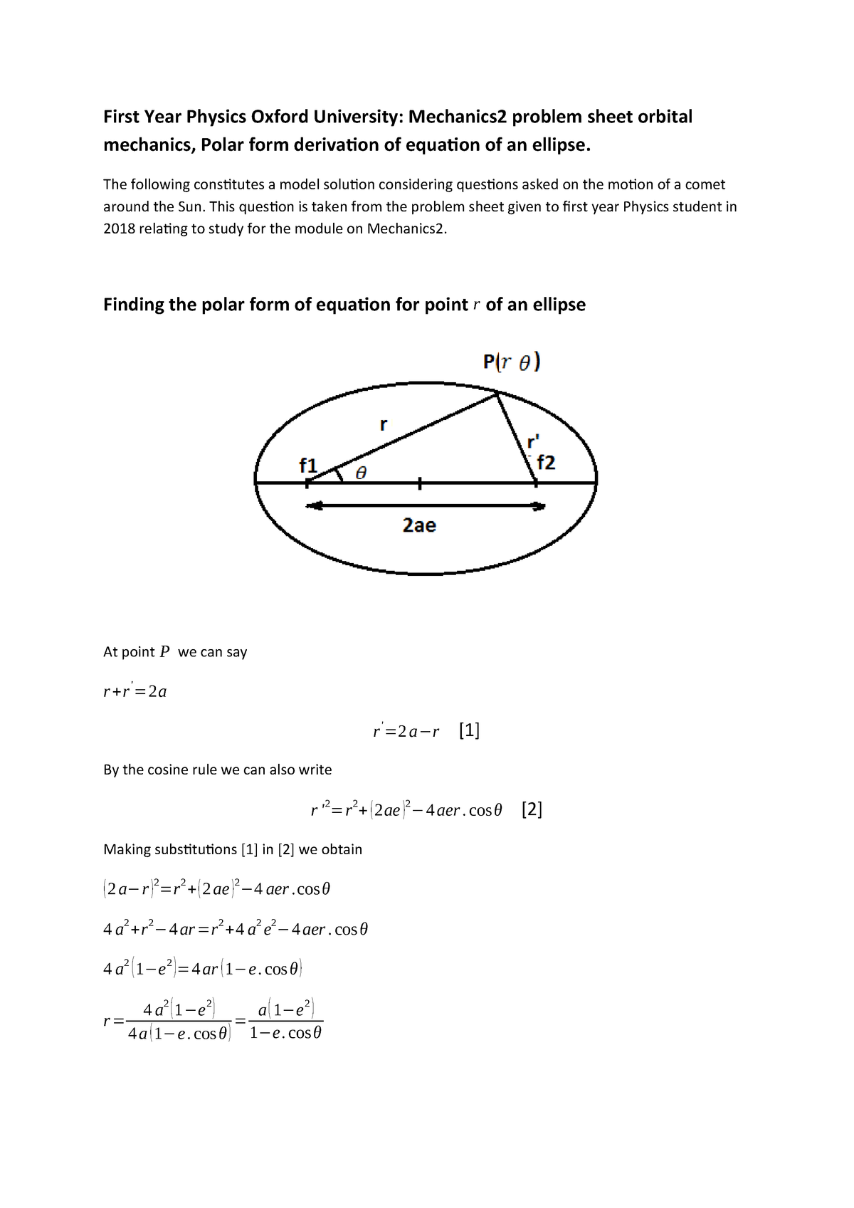 Ota Oxford University First Year Mechanics Finding The Polar Form Of Equation For Point R Of An Ellipse Studocu