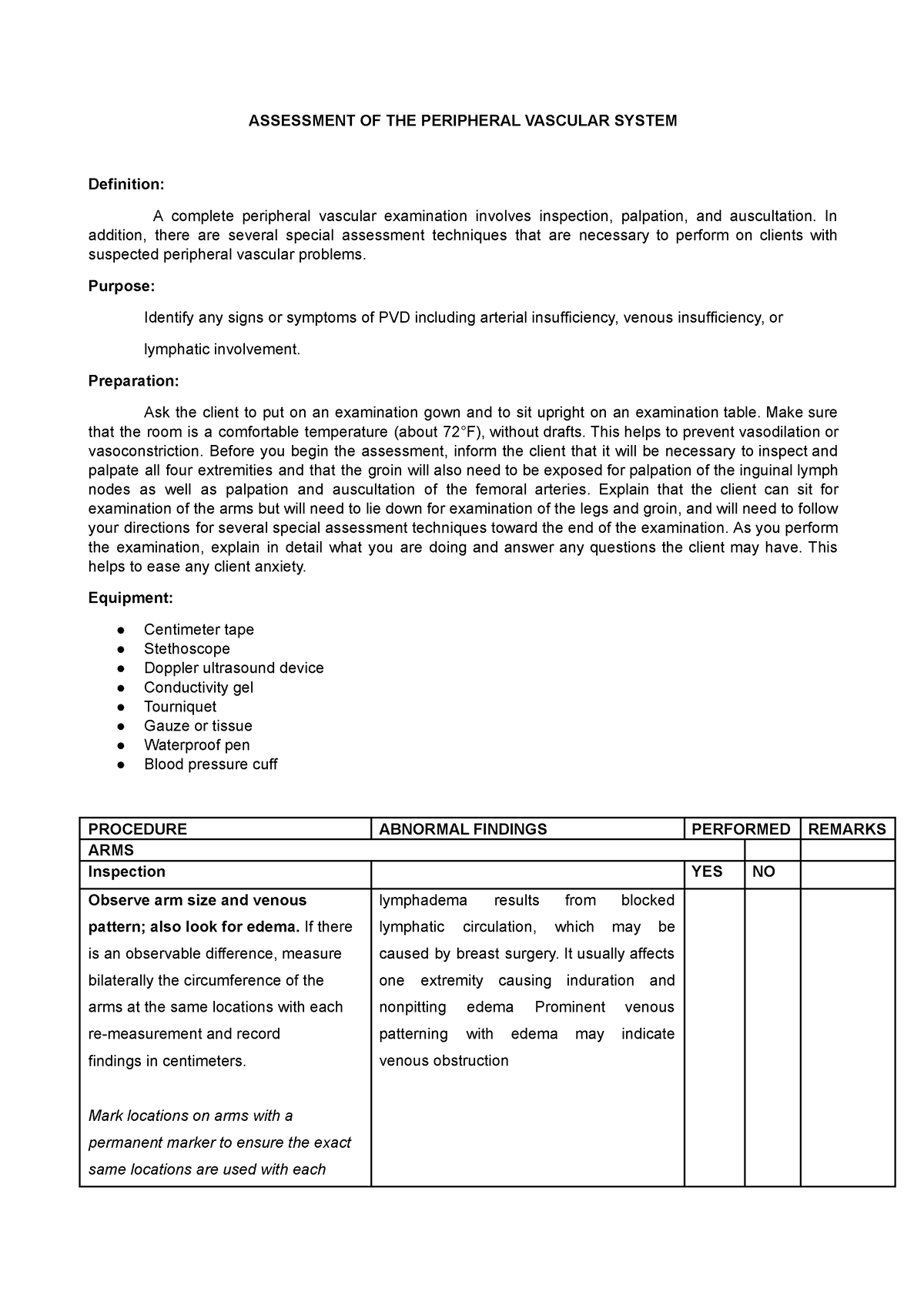 Peripheral Vascular Assessment - ASSESSMENT OF THE PERIPHERAL VASCULAR ...