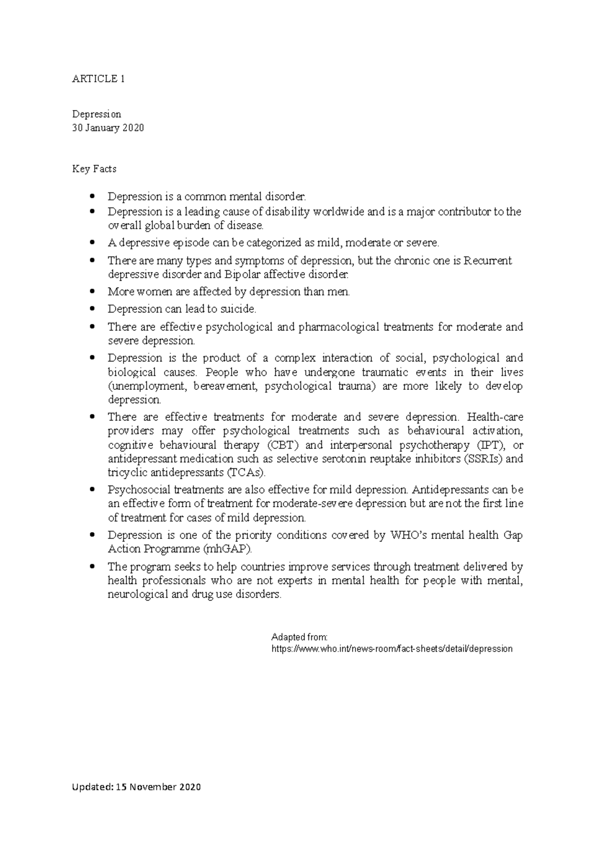 Depression - Article 1 - Learning and note for study - ARTICLE 1 ...