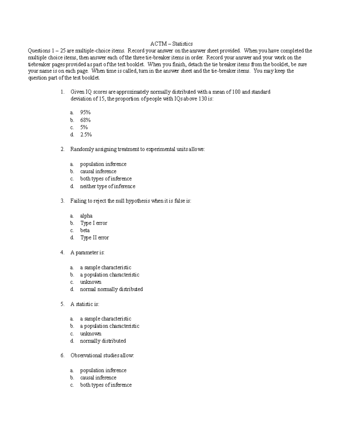 2014 ACTM State Statistics - ACTM – Statistics Questions 1 – 25 are ...