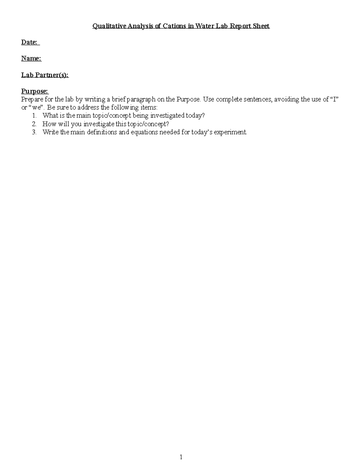 CHEM 1211K Qualitative Analysis of Cations Report Sheet Qualitative