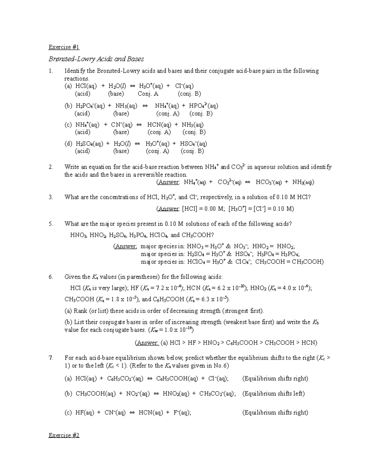 Acid base problems - study material - Exercise # Brønsted-Lowry Acids ...