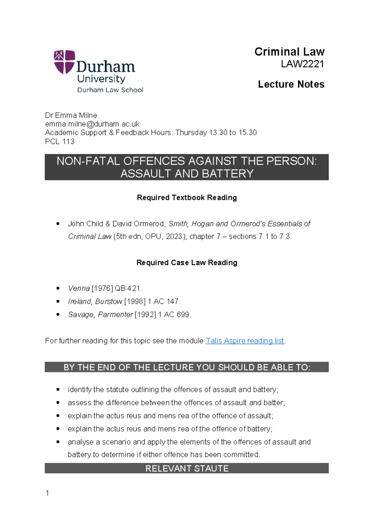 Nfoap I - Lecture Notes - Criminal Law LAW Lecture Notes Dr Emma Milne emma@durham.ac Academic ...
