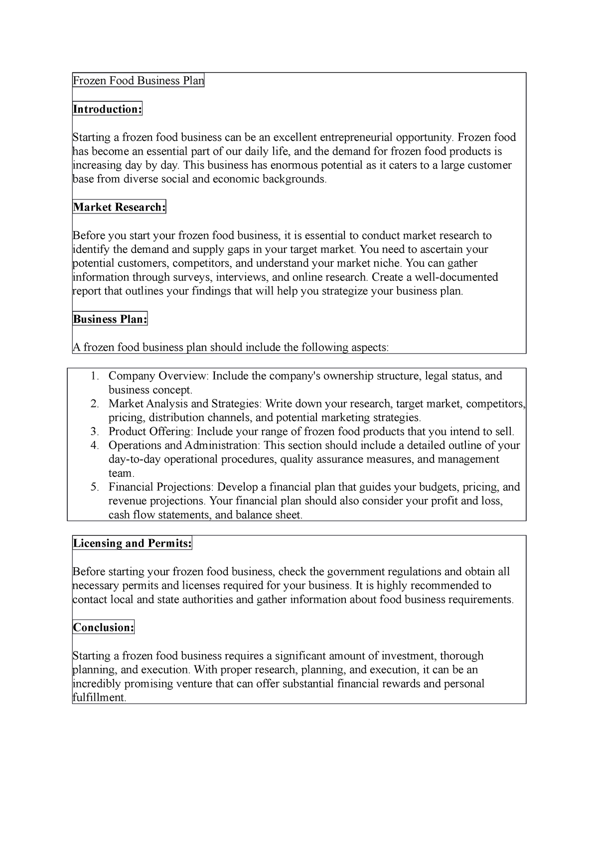 business plan frozen food pdf