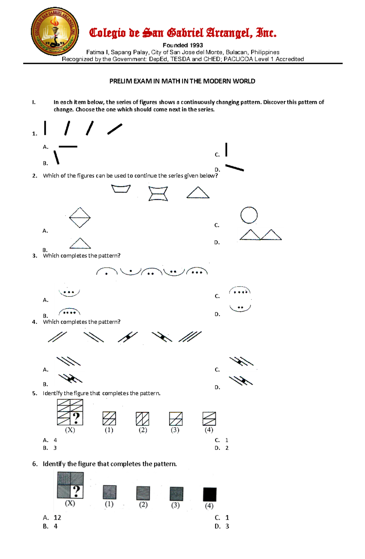 BSA prelim in math modern world - Founded 1993 Fatima I, Sapang Palay ...