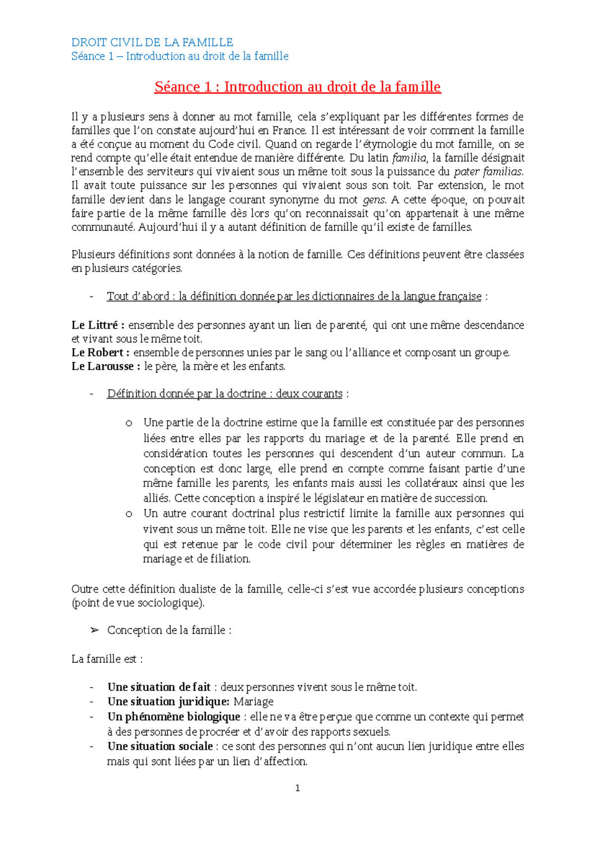 Seance 1 - Introduction au droit de la famille - Séance 1 ...