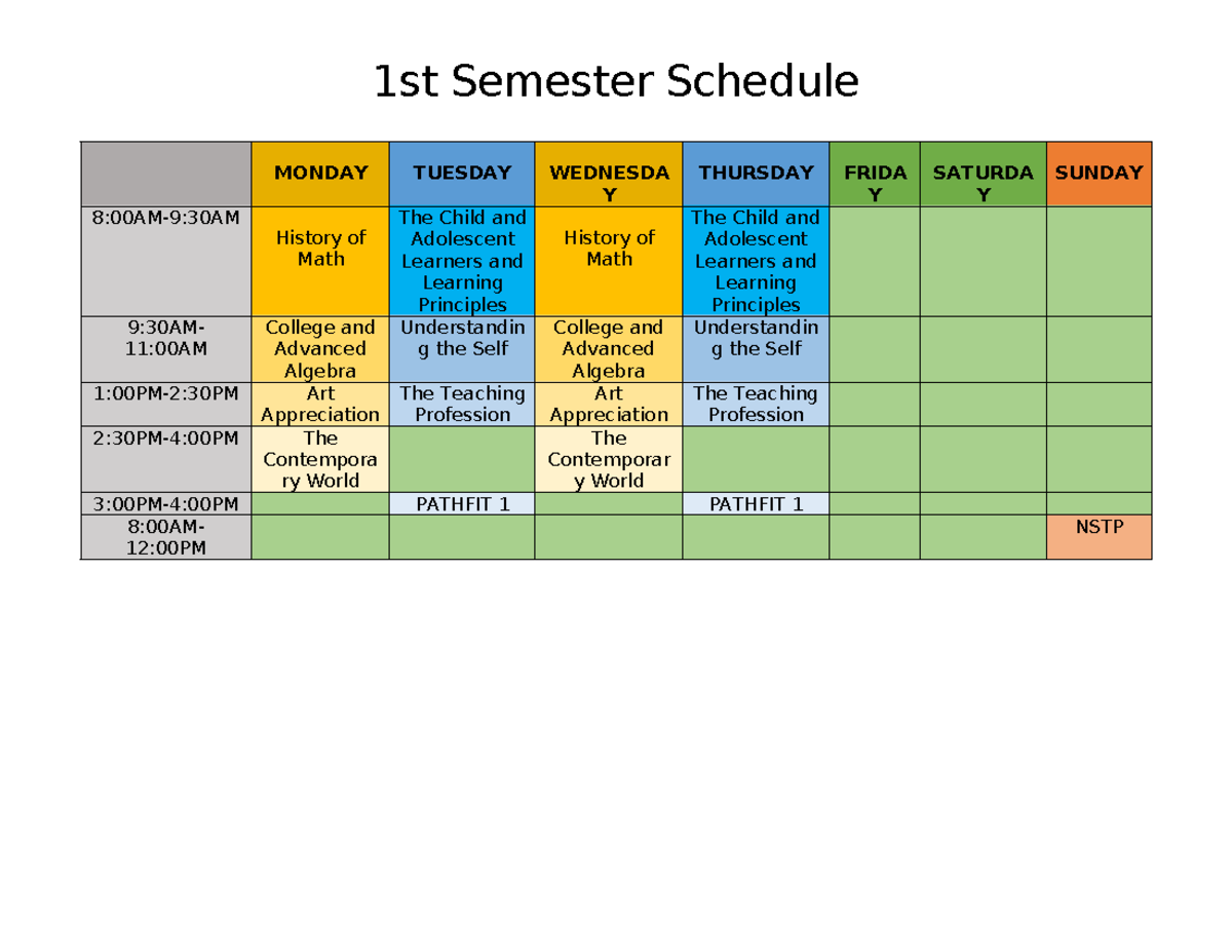 MATH1Sem Sched - ndbchwebanmbcmhenfkjbc z - 1st Semester Schedule ...