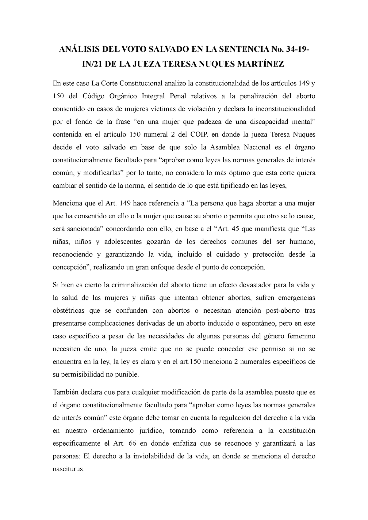 Análisis DEL VOTO Salvado EN LA Sentencia No - ANÁLISIS DEL VOTO ...