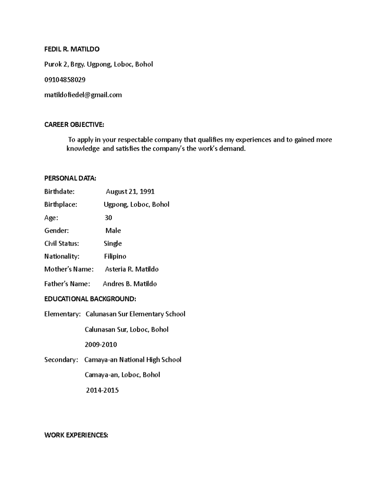 Fedil Resume 070821 - FEDIL R. MATILDO Purok 2, Brgy. Ugpong, Loboc ...