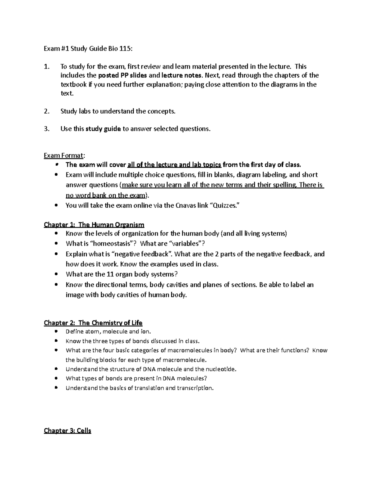 Hybrid-Exam 1 SG (Ch 1-4) - Exam #1 Study Guide Bio 115: To study for ...