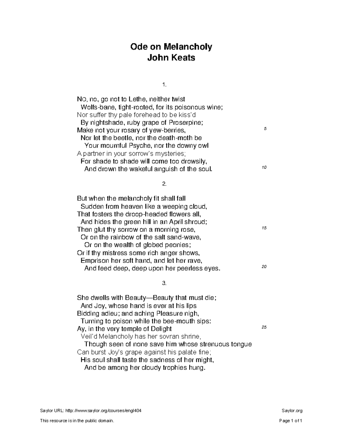 ENGL404 Keats Ode on Melancholy - Ode on Melancholy John Keats NO, no ...