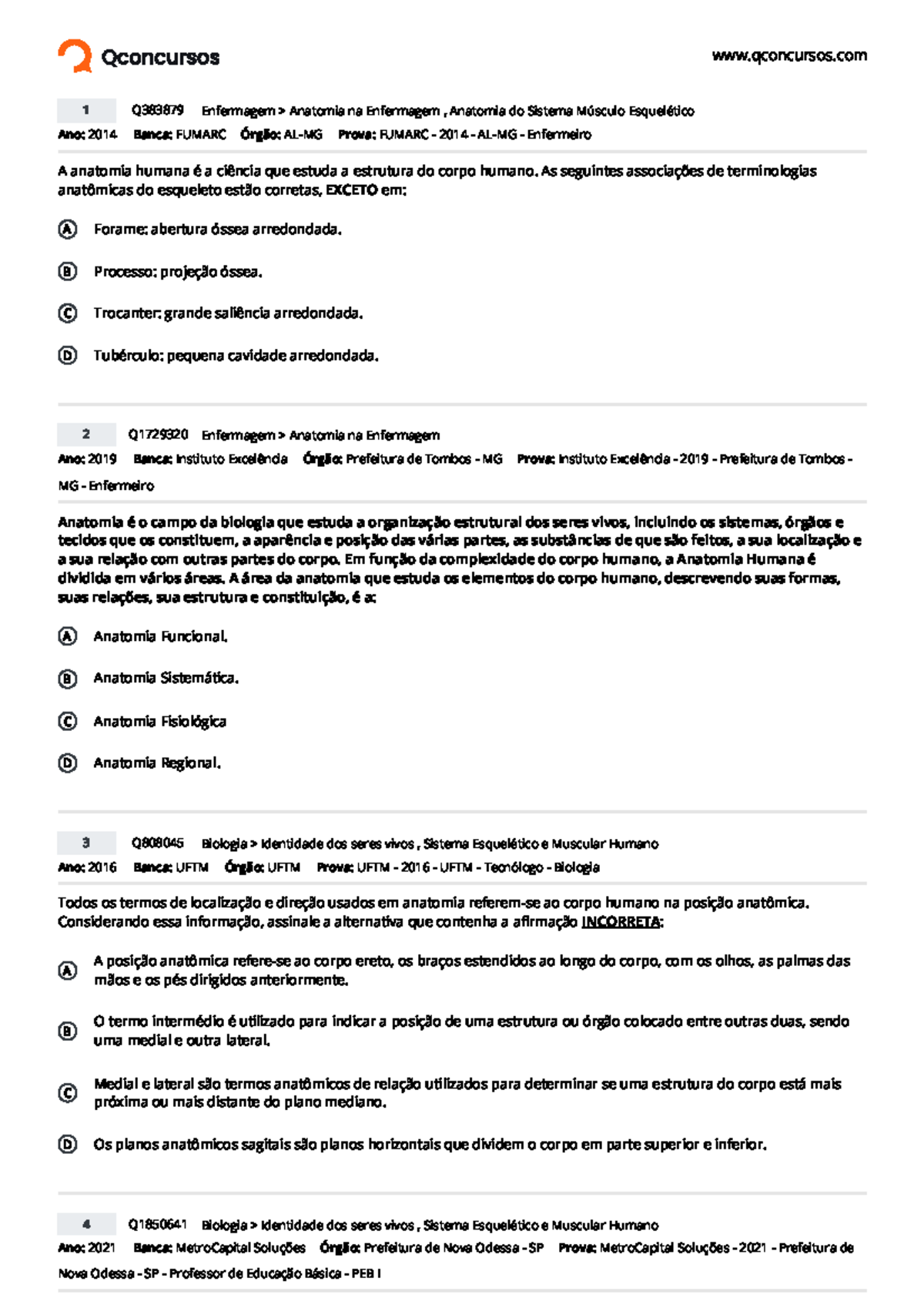 Simulado De Anatomia Humana 20 Questões Com Gabarito - Qconcursos Ano ...