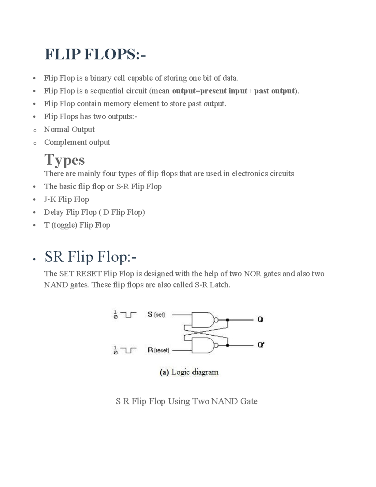 Flip Flop and types - notes - FLIP FLOPS:- Flip Flop is a binary cell