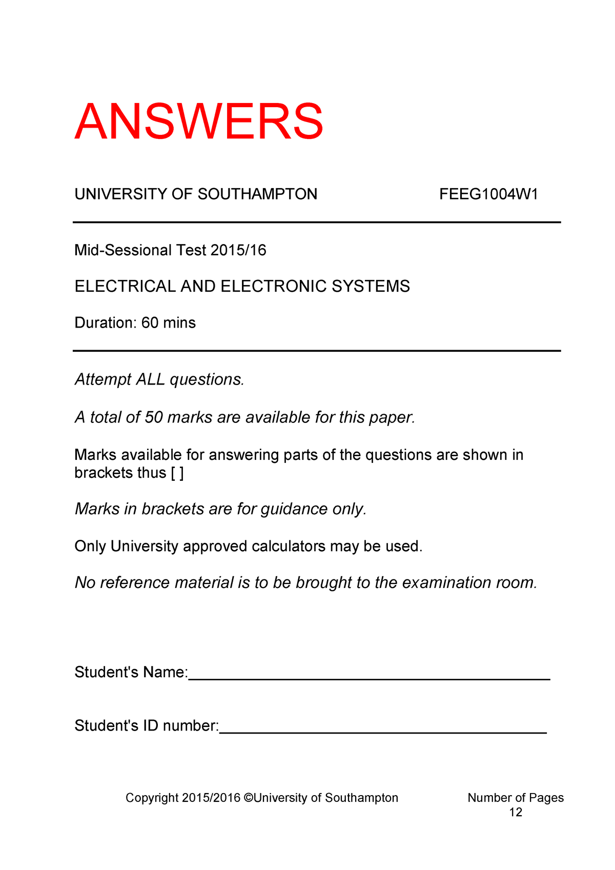 Exam 2016, Questions And Answers - ANSWERS UNIVERSITY OF SOUTHAMPTON ...