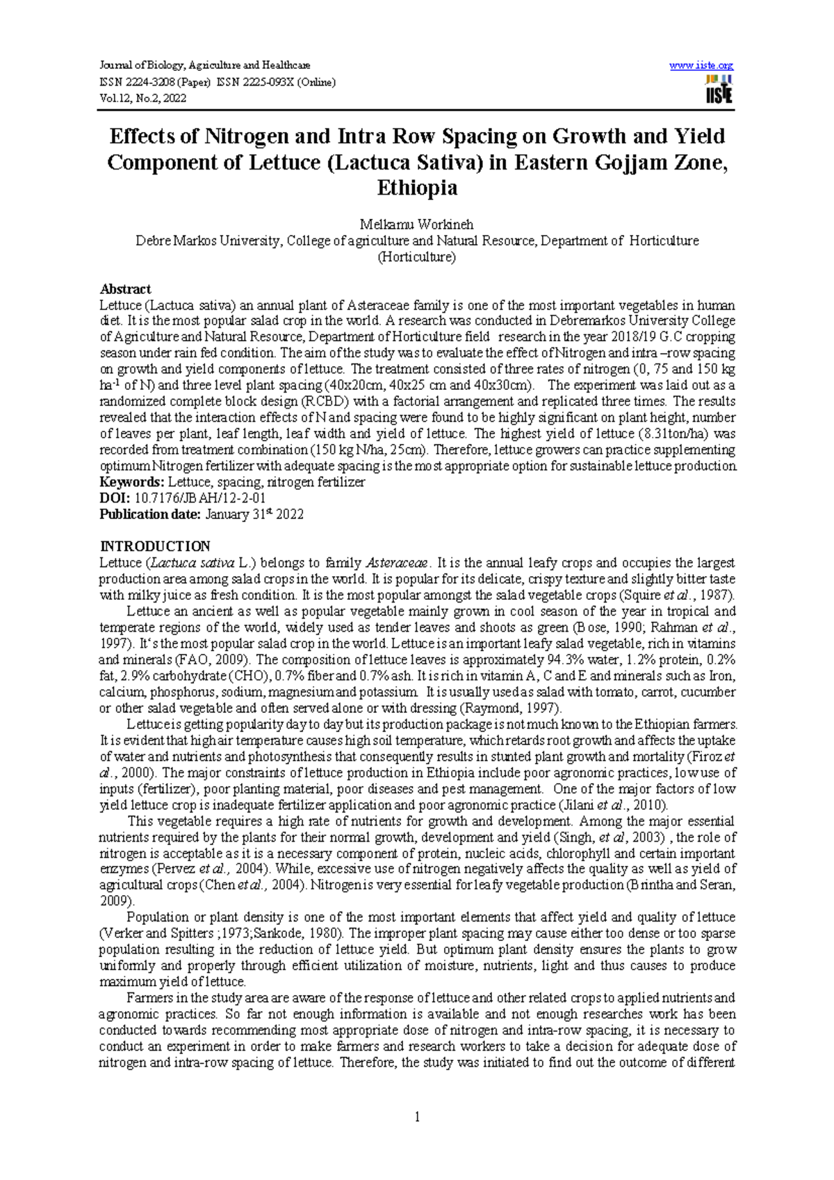 Effects of Nitrogen and Intra Row Spacing on Growth and Yield - ISSN ...