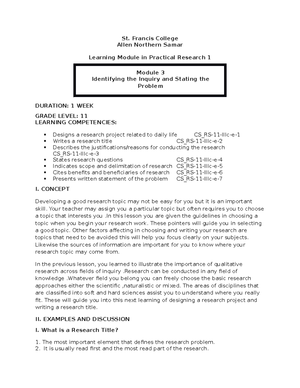 Prac. Re M3 (1- week) - for learning - St. Francis College Allen ...