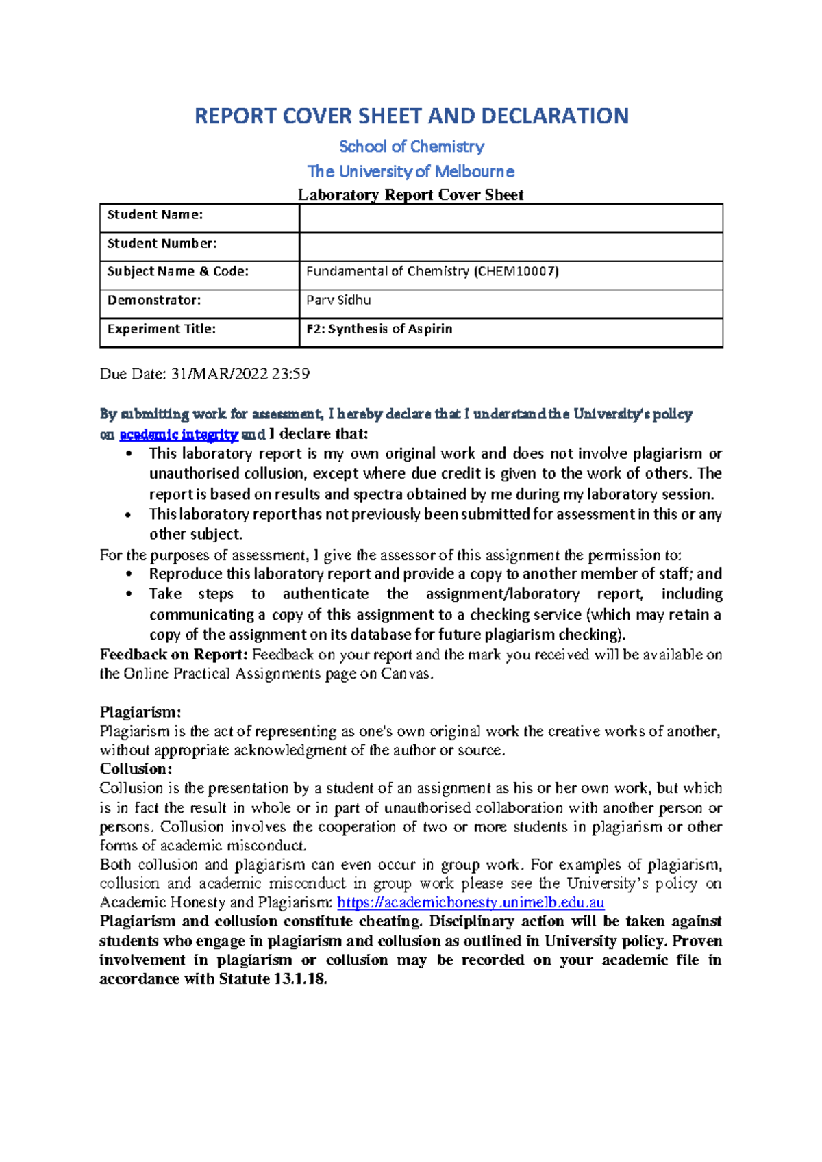 F2 report - REPORT COVER SHEET AND DECLARATION School of Chemistry The ...