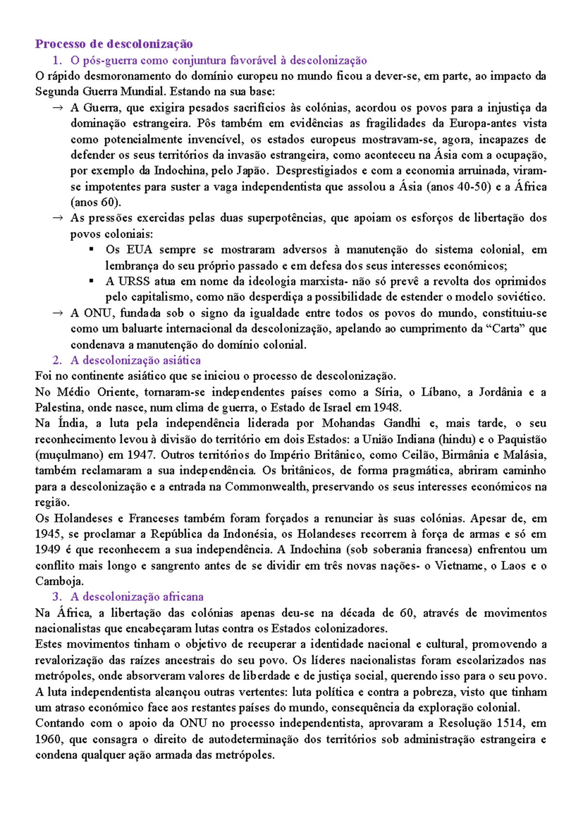 Resumos história - 12 de março - Processo de descolonização O pós ...