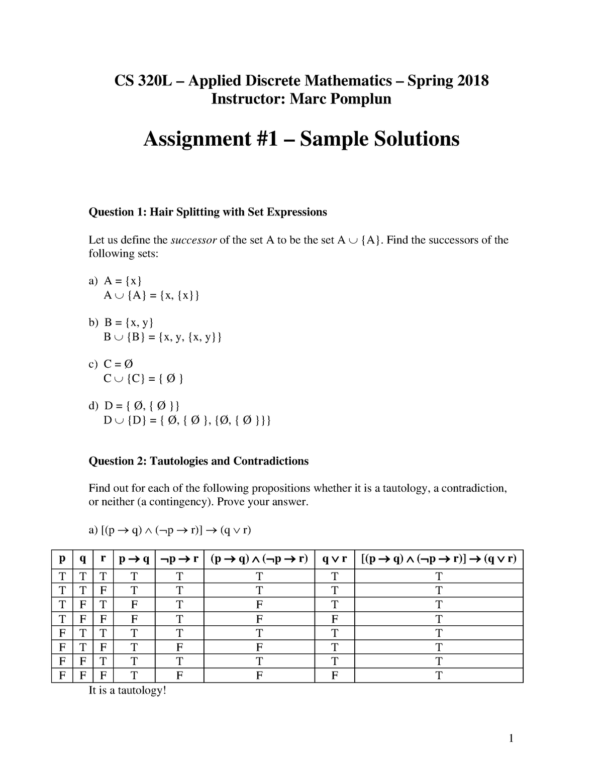 Assignment 1 Solutions Cs 3l Applied Discrete Mathematics Spring 1 Studocu