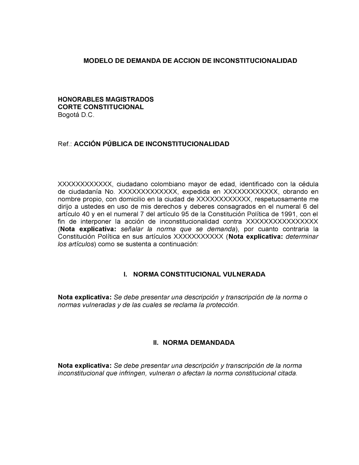 Formato Accion Inconstitucionalidad - MODELO DE DEMANDA DE ACCION DE  INCONSTITUCIONALIDAD HONORABLES - Studocu