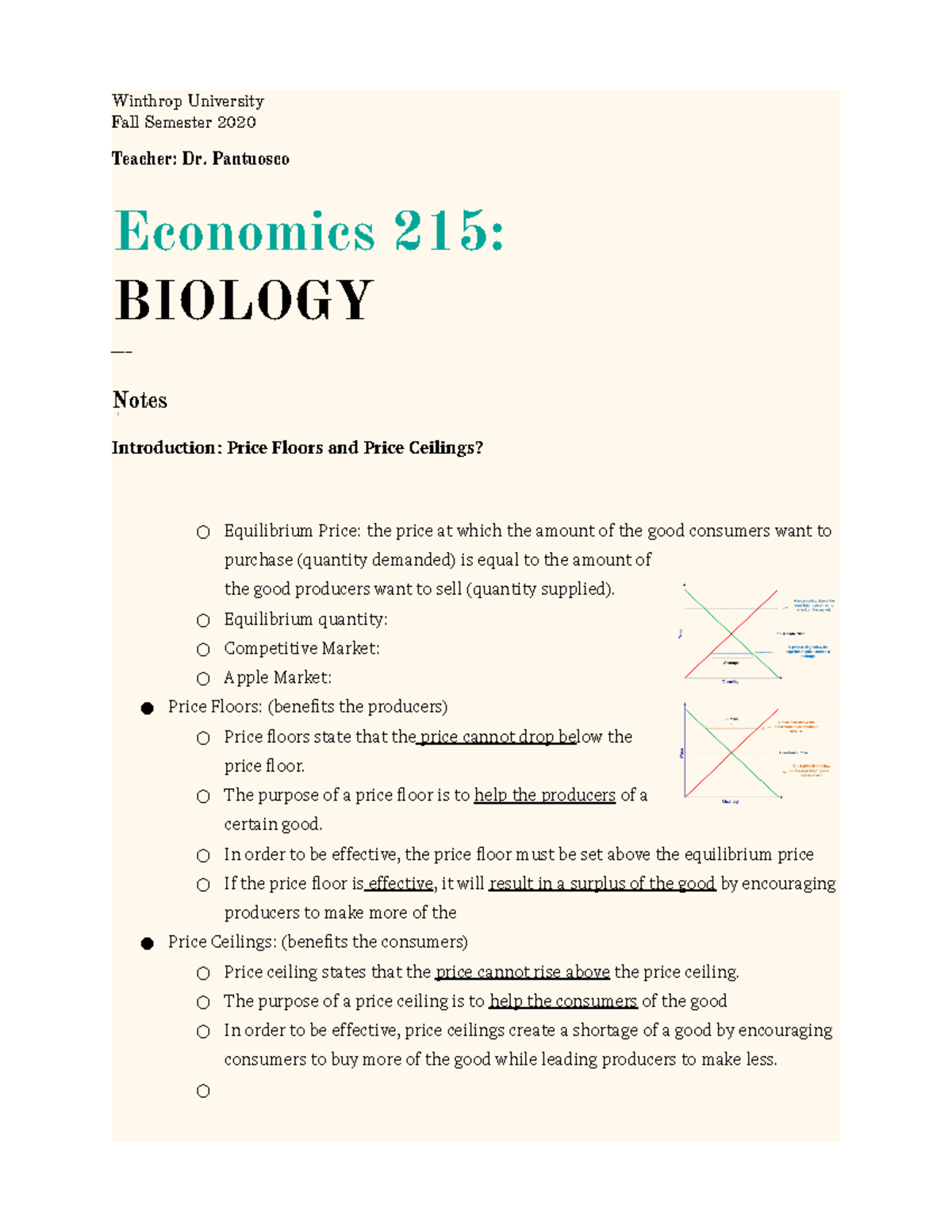 Price Floor and Price Ceilings Winthrop University Fall Semester 2020