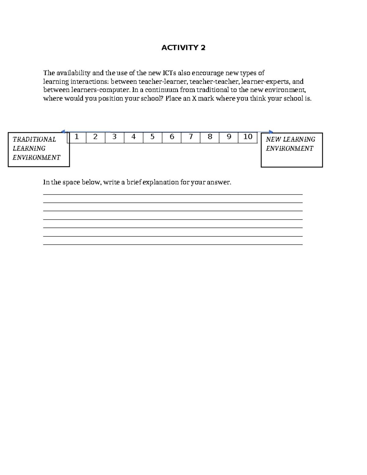 Activity 2 - TRADITIONAL LEARNING ENVIRONMENT NEW LEARNING ENVIRONMENT ...