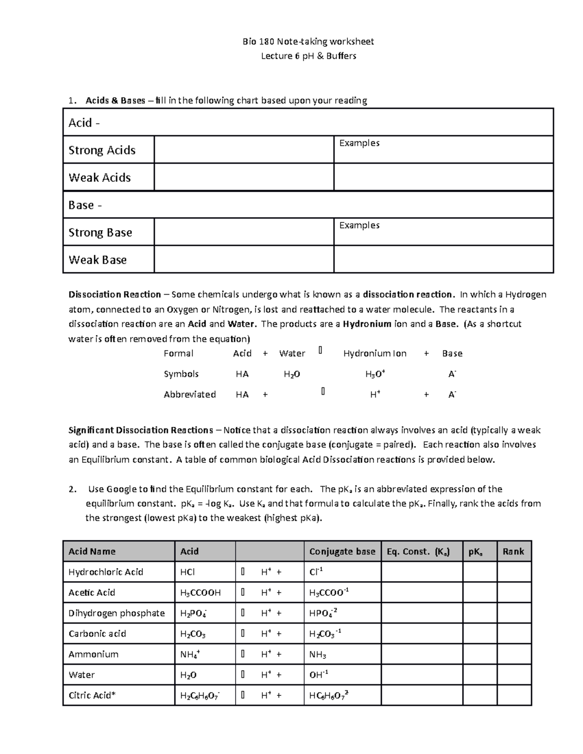 Topic Worksheet Bio 180 Notetaking worksheet Lecture 6 pH & Buffers