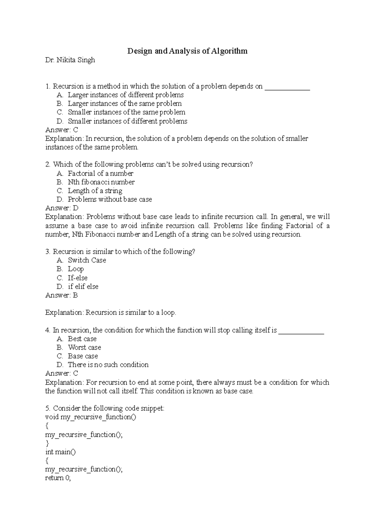 Mutiple Choice Questions- Practice - Design and Analysis of Algorithm ...