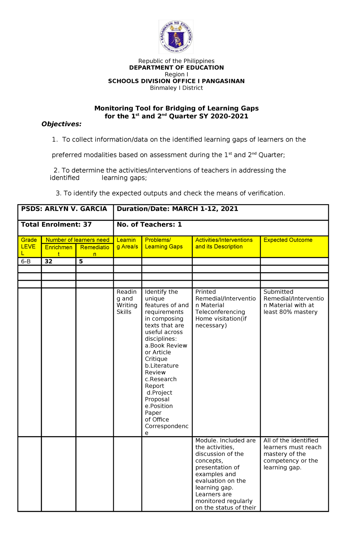 Sample Monitoring Tool for Bridging Learning Gaps for 1st and 2nd ...