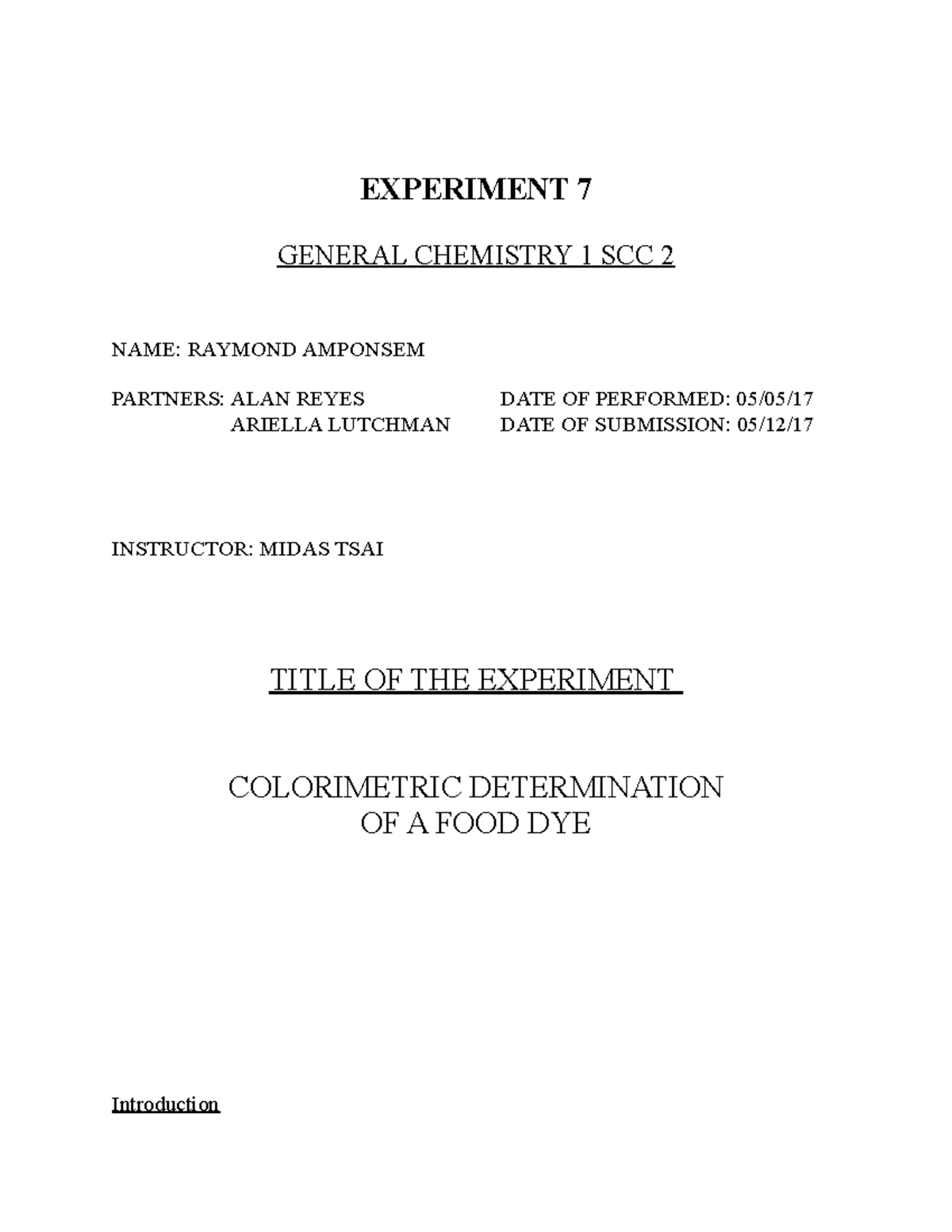 Experiment 7 - exp - EXPERIMENT 7 GENERAL CHEMISTRY 1 SCC 2 NAME ...