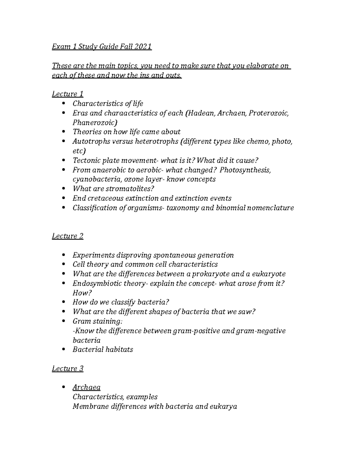 exam 1 study guide lecture 1 and 2 - Exam 1 Study Guide Fall 2021 These ...
