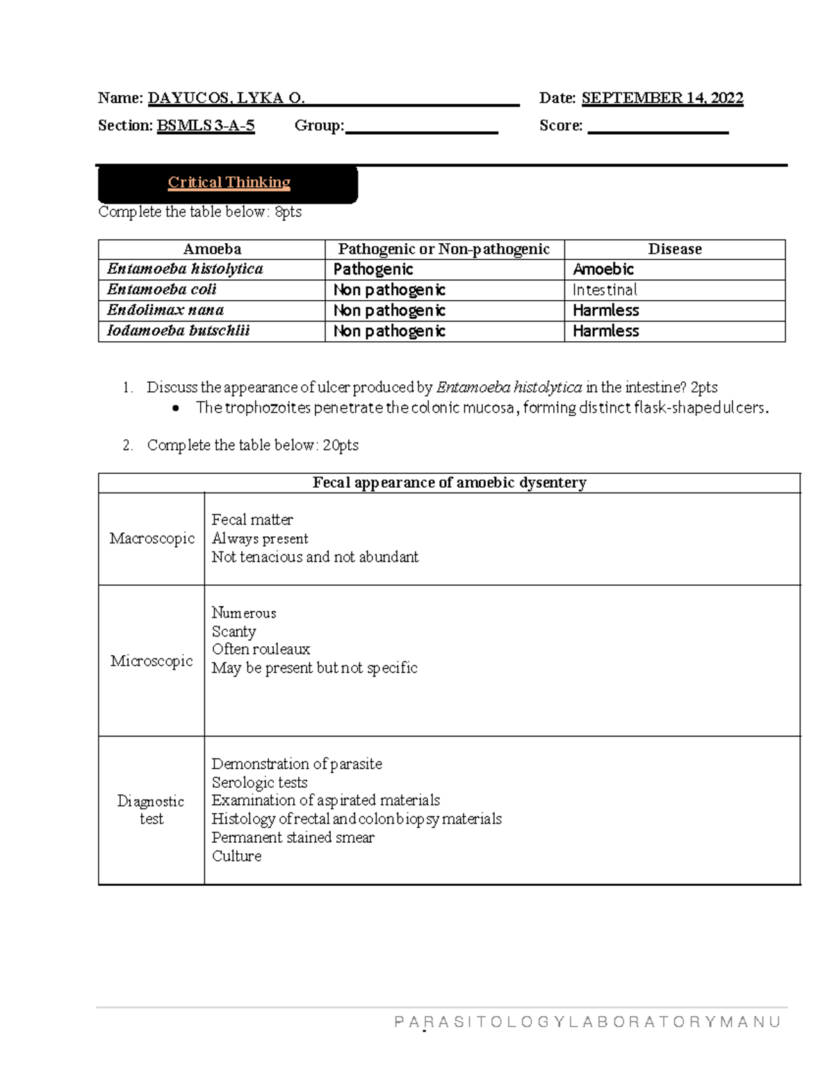 Amoeba - Fecal appearance of amoebic - P A R A S I T O L O G Y L A B O ...