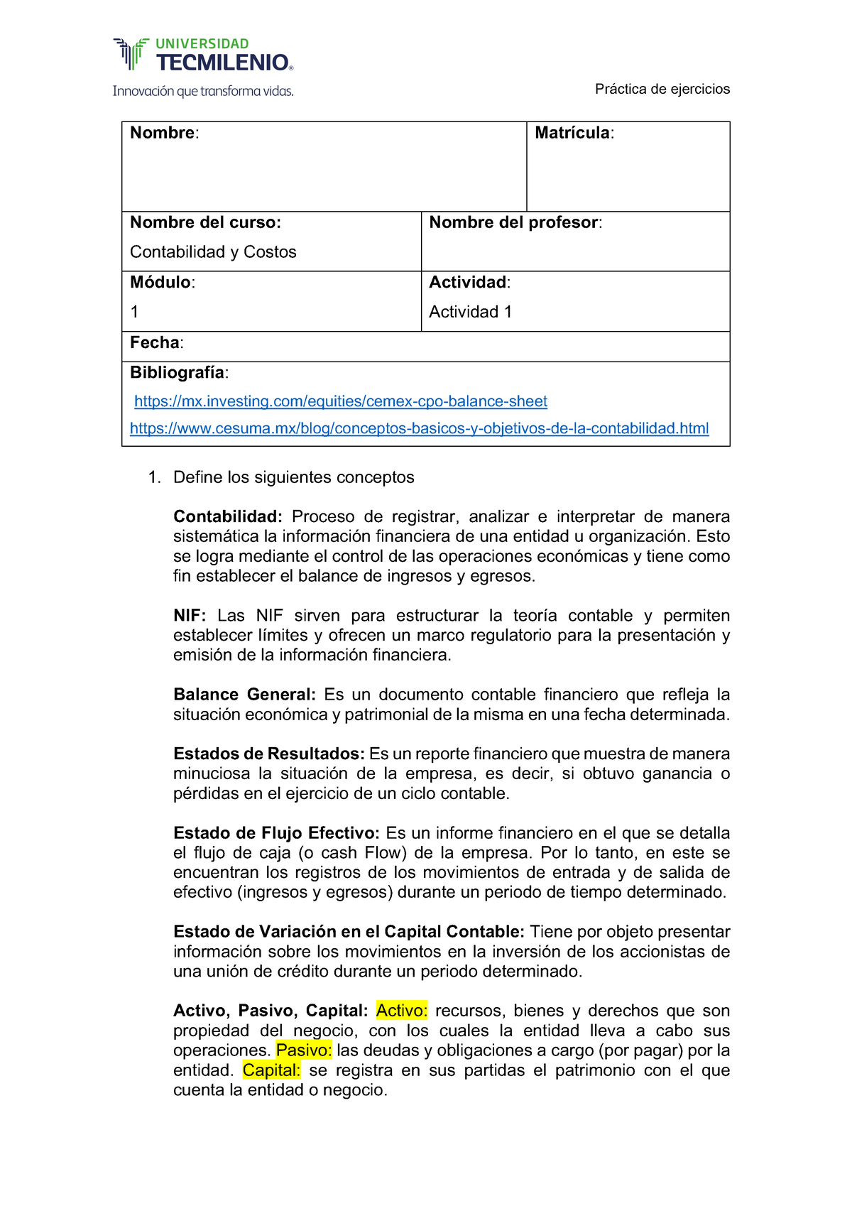 Act Contabilidad Y Costos Mdf Nombre Matr Cula Nombre Del Curso