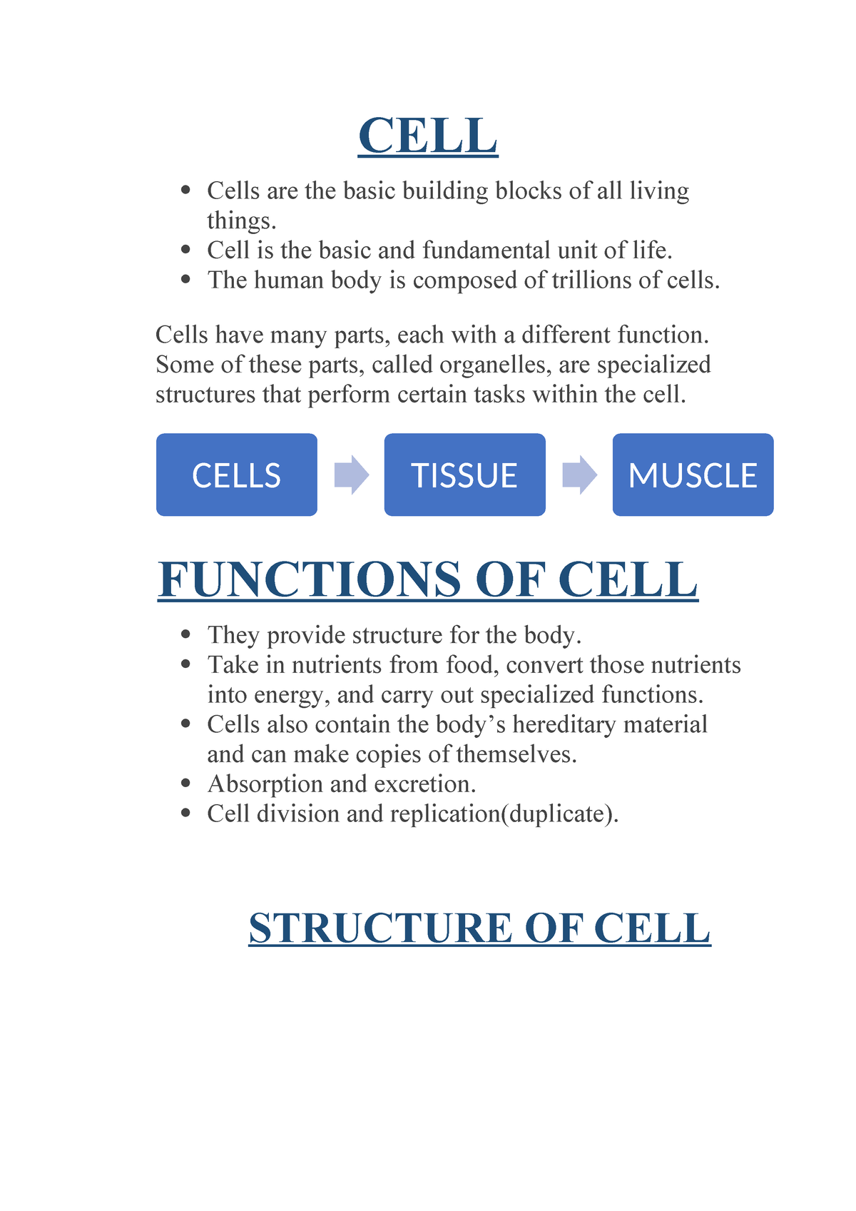 Unit-I - CELL AND NERVOUS SYSTEM BASICS - CELL Cells are the basic ...