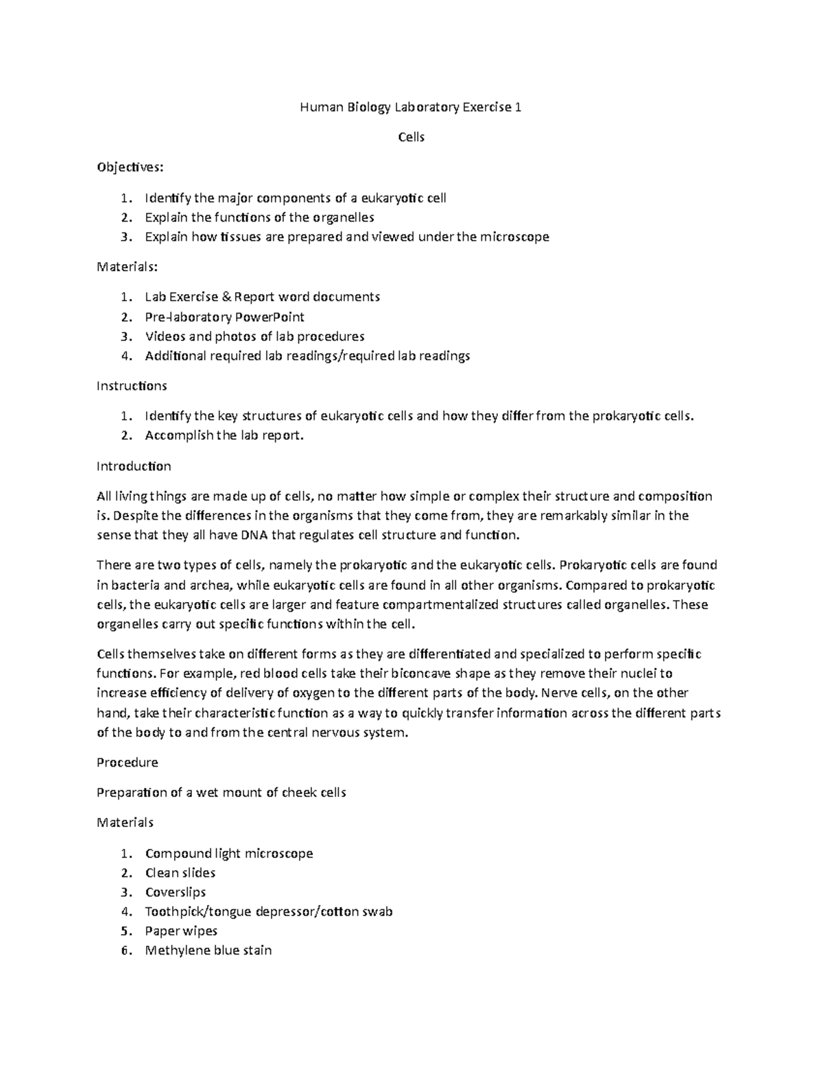 General Zoology Laboratory Exercise 1 Human Biology Laboratory