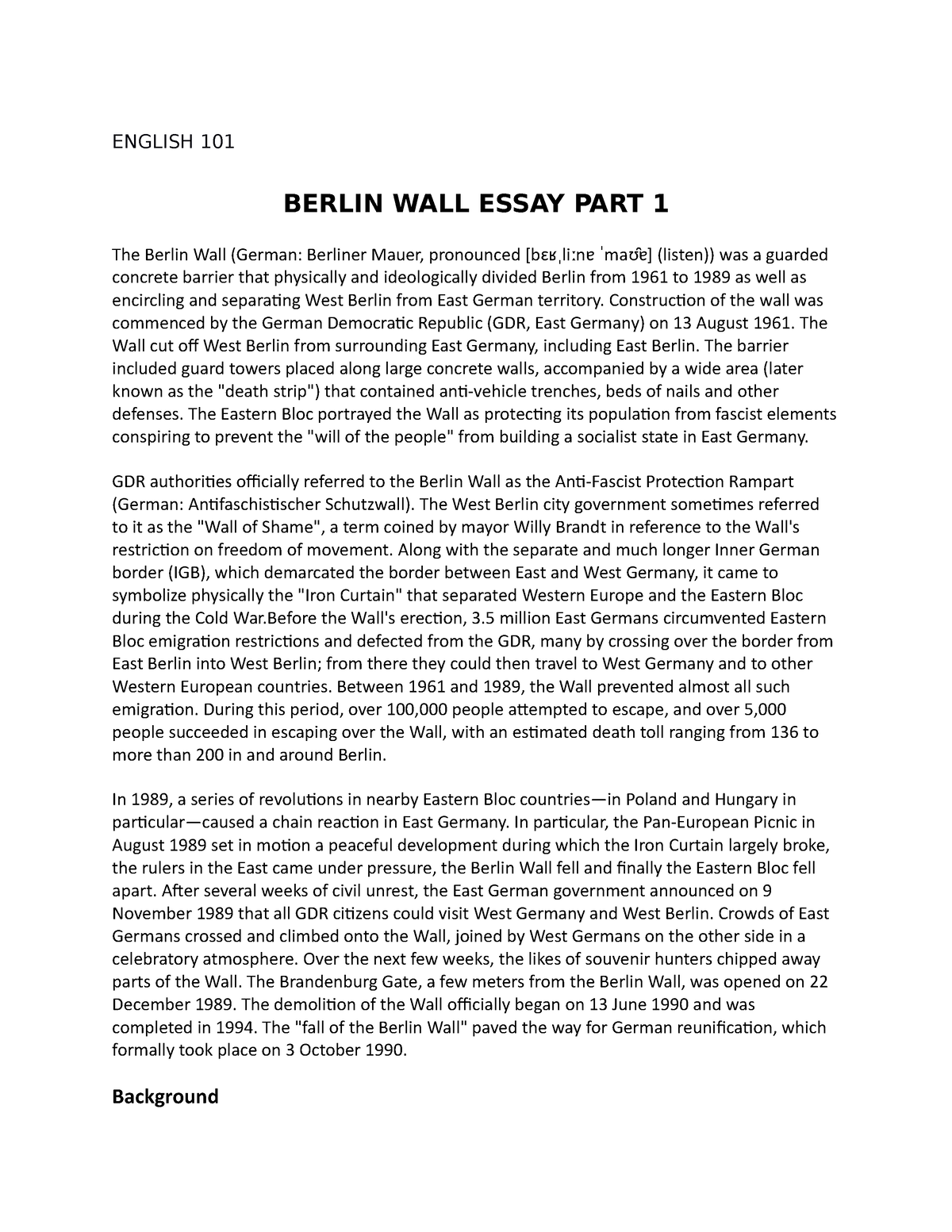 berlin wall essay introduction